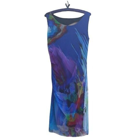 Vtg 90's Dress Bodycon Artsy Sleeveless Cutout Ruched Watercolor Blue Sz L - Picture 3 of 8